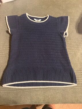 Time and Tru Navy Blue Knit Short Sleeve Sweater with White Trim